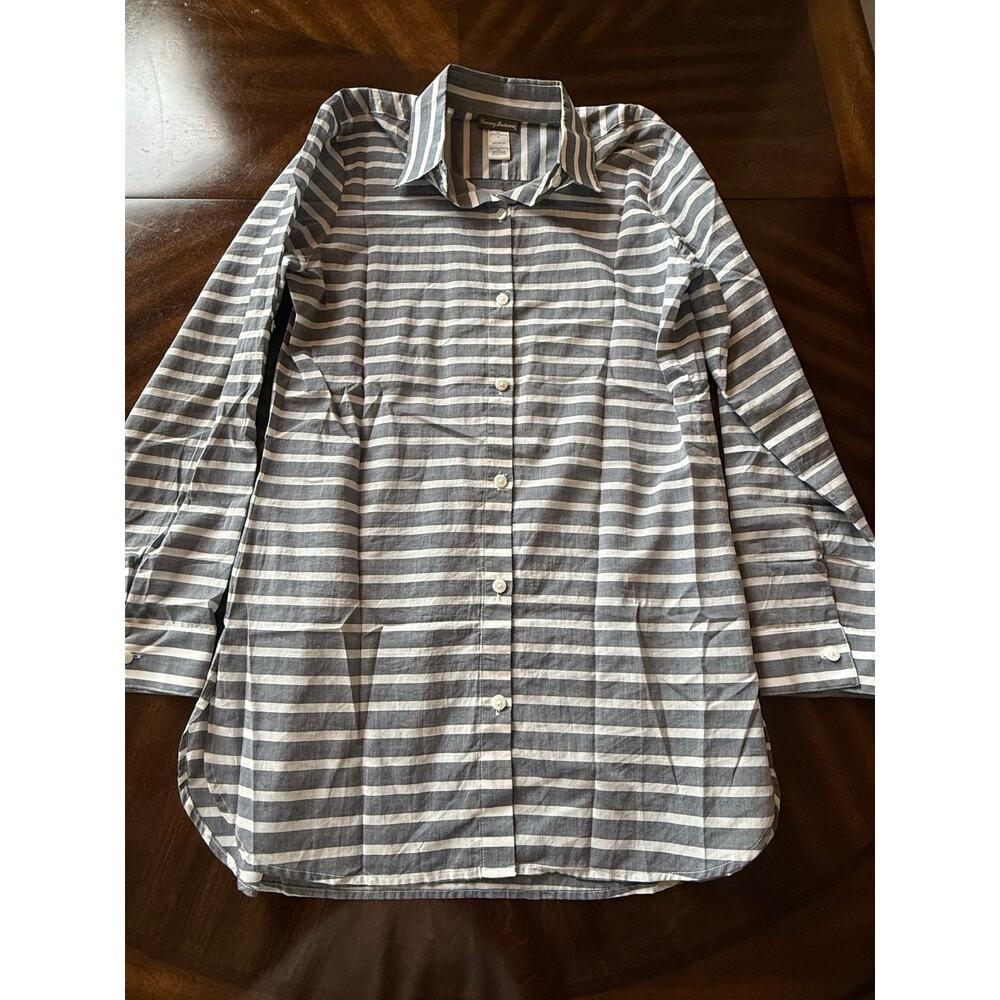 Tommy Bahama Womens Medium Striped Button Down Shirt Tunic Blue White Cotton